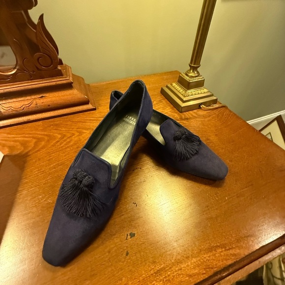 NWOT Stuart Weizmann blue black leather suede tassel loafers Size 9 - Picture 2 of 9